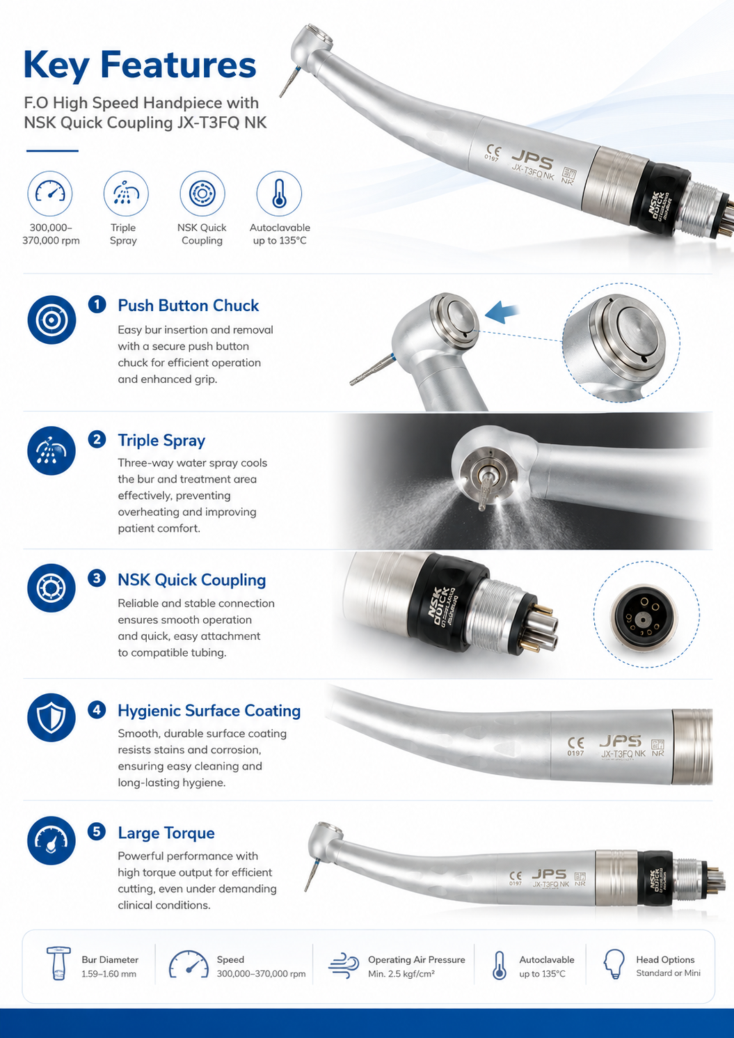F.O High Speed Handpiece with NSK Quick Coupling JX-T3FQ NK detail 2