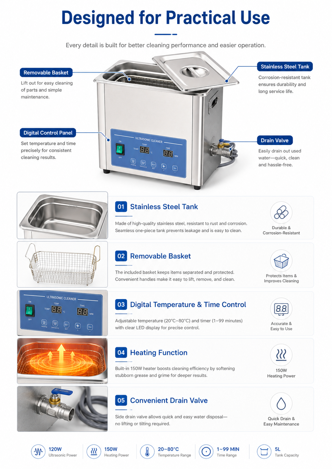 JPU-605D Ultrasonic Cleaner 5L detail 2